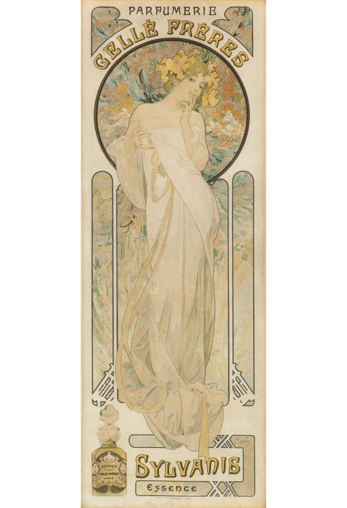 ALPHONSE MUCHA (1860-1939). PARFUMERIE GELLÉ FRÈRES / SYLVANIS ESSENCE. 1899. 24x9 inches, 61x23 cm. F. Champenois, Paris.